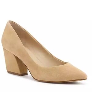 Botkier Stella Suede Pumps in Sand - Block Heel Pointed Toe Nude Heels